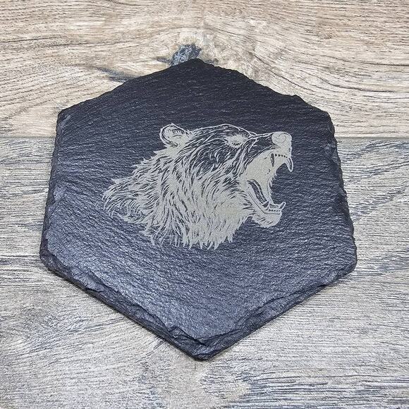 Engraved Stone Slate Black Coasters Bear Theme Set of 4 - Picture 1 of 4